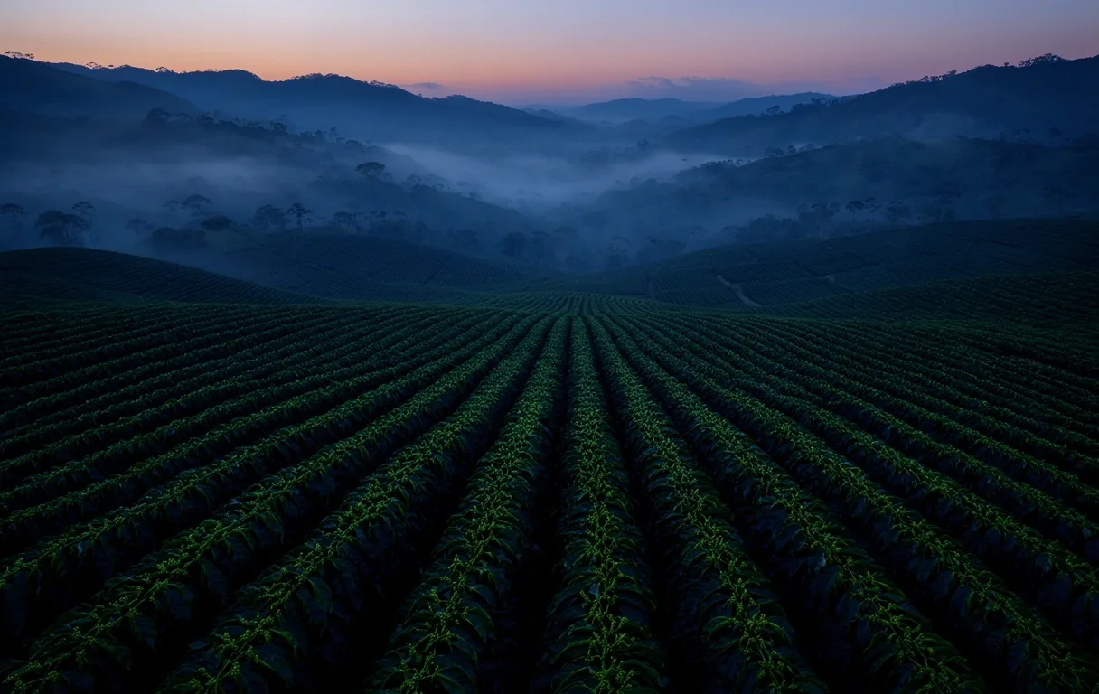 Plantación técnica en Antioquia al anochecer